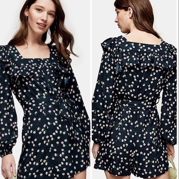 Topshop Pants - NWT Topshop Daisy Print Ruffle Romper Floral Long Sleeves Playsuit Size 2